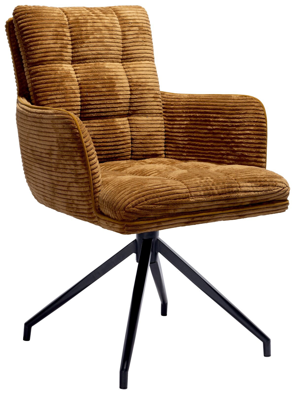 Stylife Armlehnstuhl POLLY Brauner Armlehnstuhl mit gestepptem Stoffbezug und schwarzem Metallgestell, seitliche Perspektive