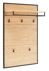 Garderobenpaneel aus Holz mit schwarzem Metallrahmen, fünf Haken und einem oberen Regal, seitliche Perspektive