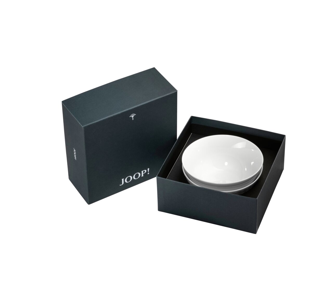 Set aus zwei weißen Schalen in einer eleganten schwarzen Geschenkbox von oben betrachtet.