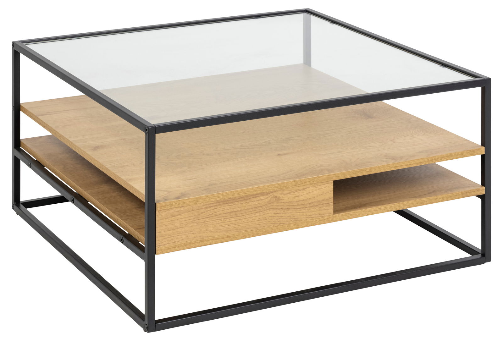 Moderner Couchtisch mit Glasplatte und Holzablagen, seitliche Perspektive