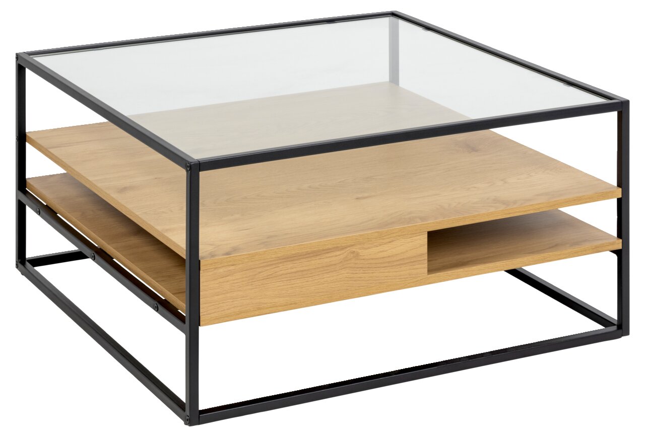 Moderner Couchtisch mit Glasplatte und Holzablagen, seitliche Perspektive