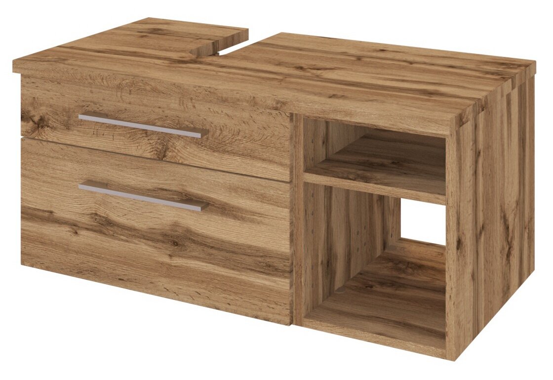 Moderne houten wastafelonderkast met twee lades en open vakken, gezien vanaf links vooraan