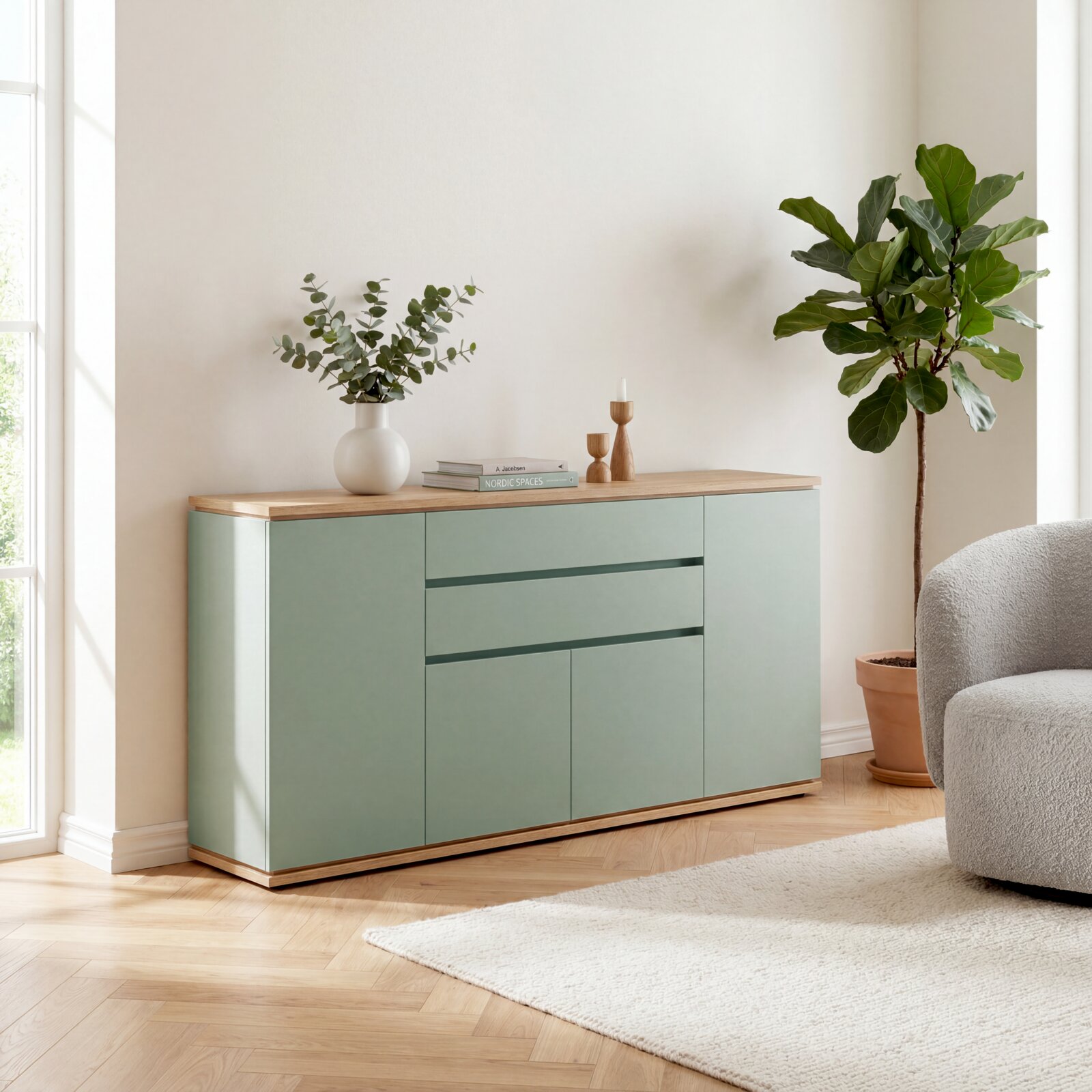 Salbeigrünes Sideboard mit Eichenholzplatte, Türen und Schubladen in einem hellen Wohnraum, frontal in leichter Schrägansicht von links fotografiert dekoriert mit Vase, Büchern und Kerzenständern, daneben große Zimmerpflanze.