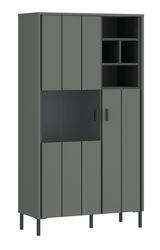 Frontansicht einer modernen Highboardvitrine in dunklem Grau mit mehreren Türen und offenen Regalfächern.