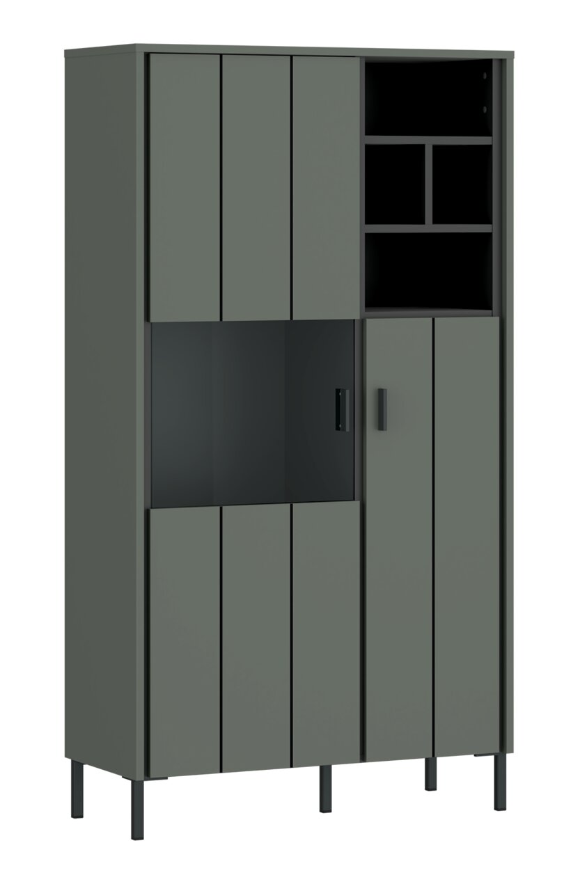 Frontansicht einer modernen Highboardvitrine in dunklem Grau mit mehreren Türen und offenen Regalfächern.