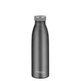 Graue Thermosflasche aus Edelstahl, frontal abgebildet, mit mattem Finish und silbernem Deckel.