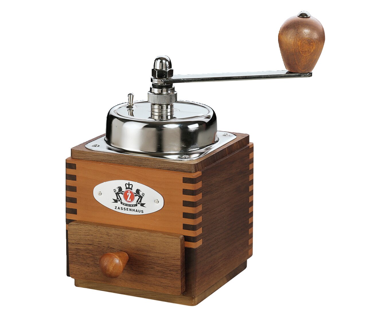 Kaffeemühle BOSTON Nussbaum aus Holz mit Kurbel, seitliche Perspektive
