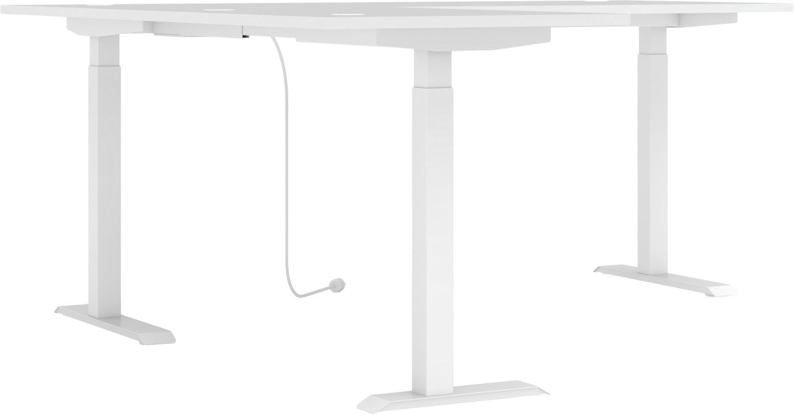 Weißer Eckschreibtisch mit höhenverstellbaren Beinen, seitliche Perspektive