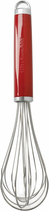 Roter Schneebesen mit Edelstahl-Drähten, Ansicht von vorne