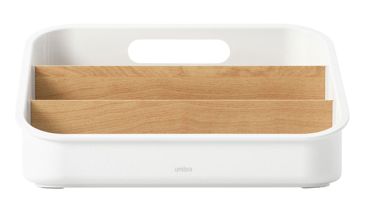 Organisationsbox aus weißem Kunststoff mit zwei Holzfächern, frontal betrachtet.