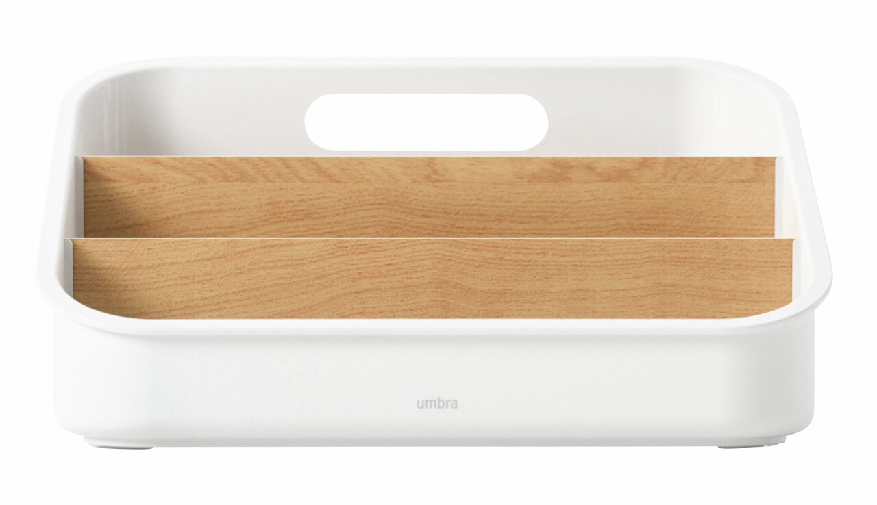 Organisationsbox aus weißem Kunststoff mit zwei Holzfächern, frontal betrachtet.