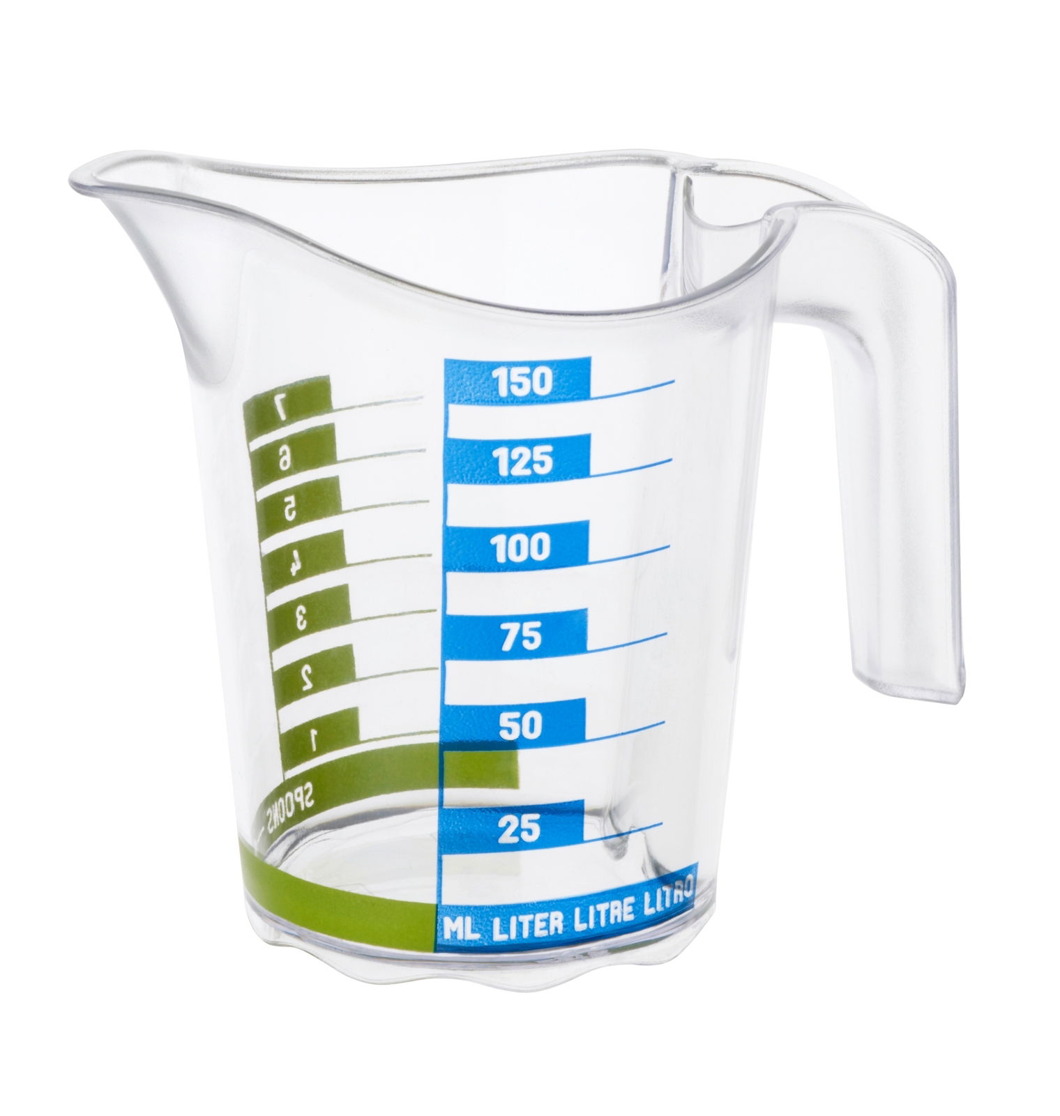 rotho Messbecher DOMINO Transparenter Messbecher Domino 0,15L mit blauer und grüner Skala, seitliche Perspektive