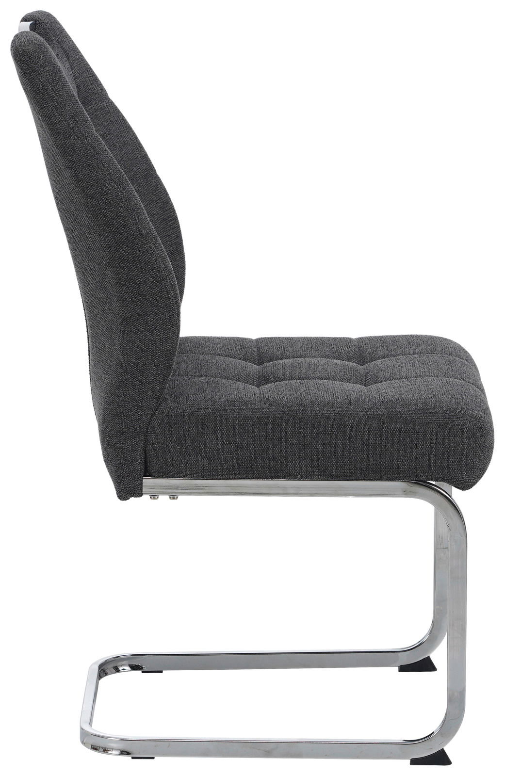 Seitenansicht eines grauen Schwingstuhls mit gepolsterter Sitzfläche und Rückenlehne sowie einem verchromten Metallgestell.