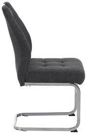 Seitenansicht eines grauen Schwingstuhls mit gepolsterter Sitzfläche und Rückenlehne sowie einem verchromten Metallgestell.