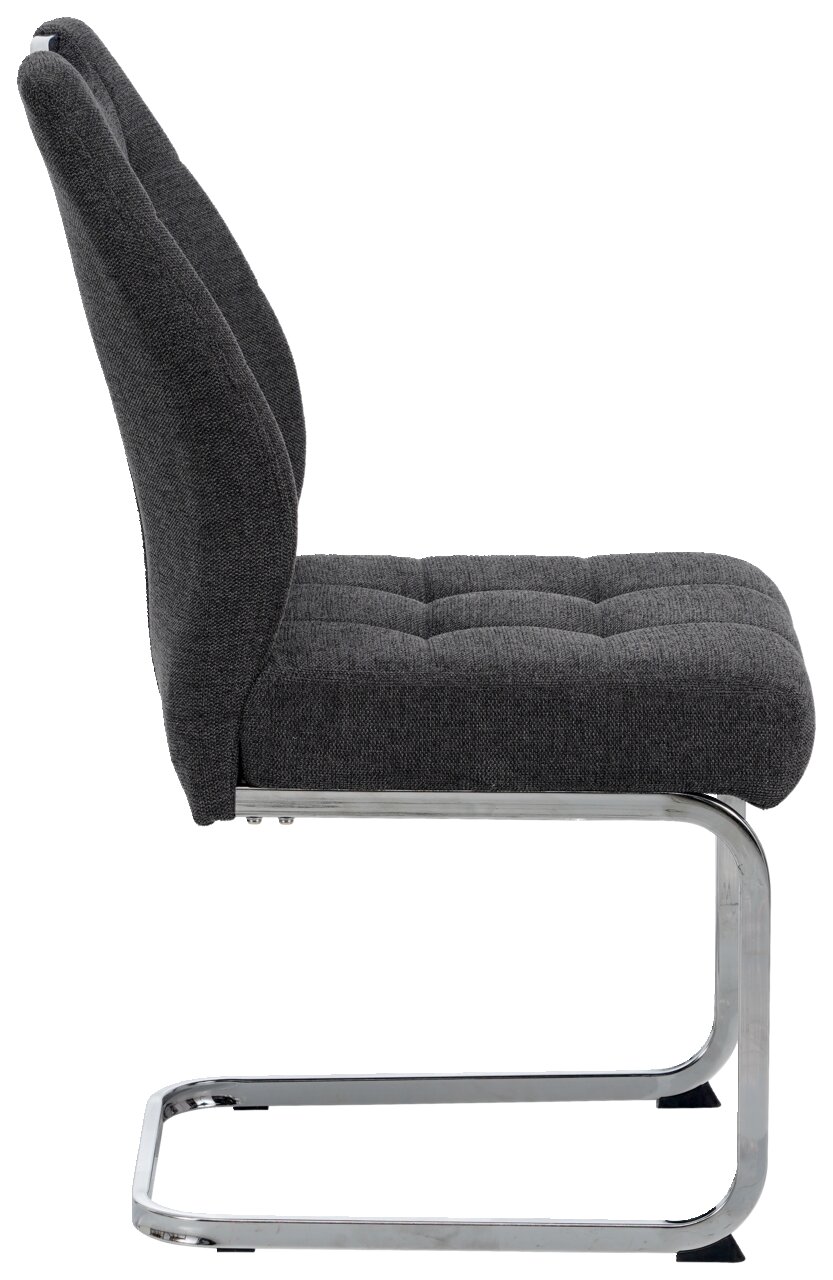 Seitenansicht eines grauen Schwingstuhls mit gepolsterter Sitzfläche und Rückenlehne sowie einem verchromten Metallgestell.