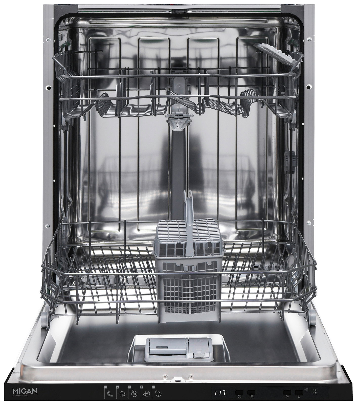 Einbaugeschirrspüler von vorne geöffnet mit sichtbaren Körben und Besteckkorb
