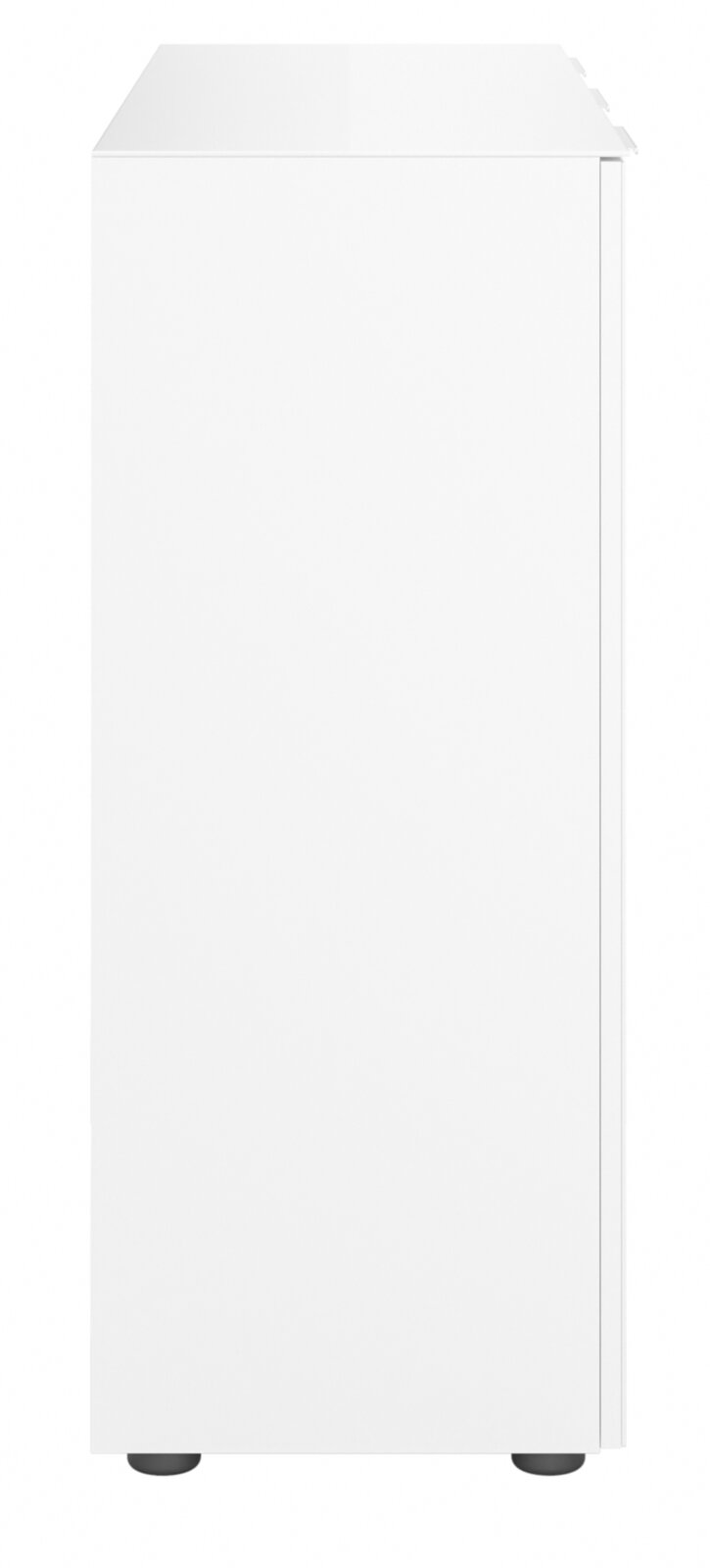 Seitenansicht eines weißen Sideboards mit schlichtem Design und schwarzen Füßen.