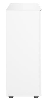 Seitenansicht eines weißen Sideboards mit schlichtem Design und schwarzen Füßen.