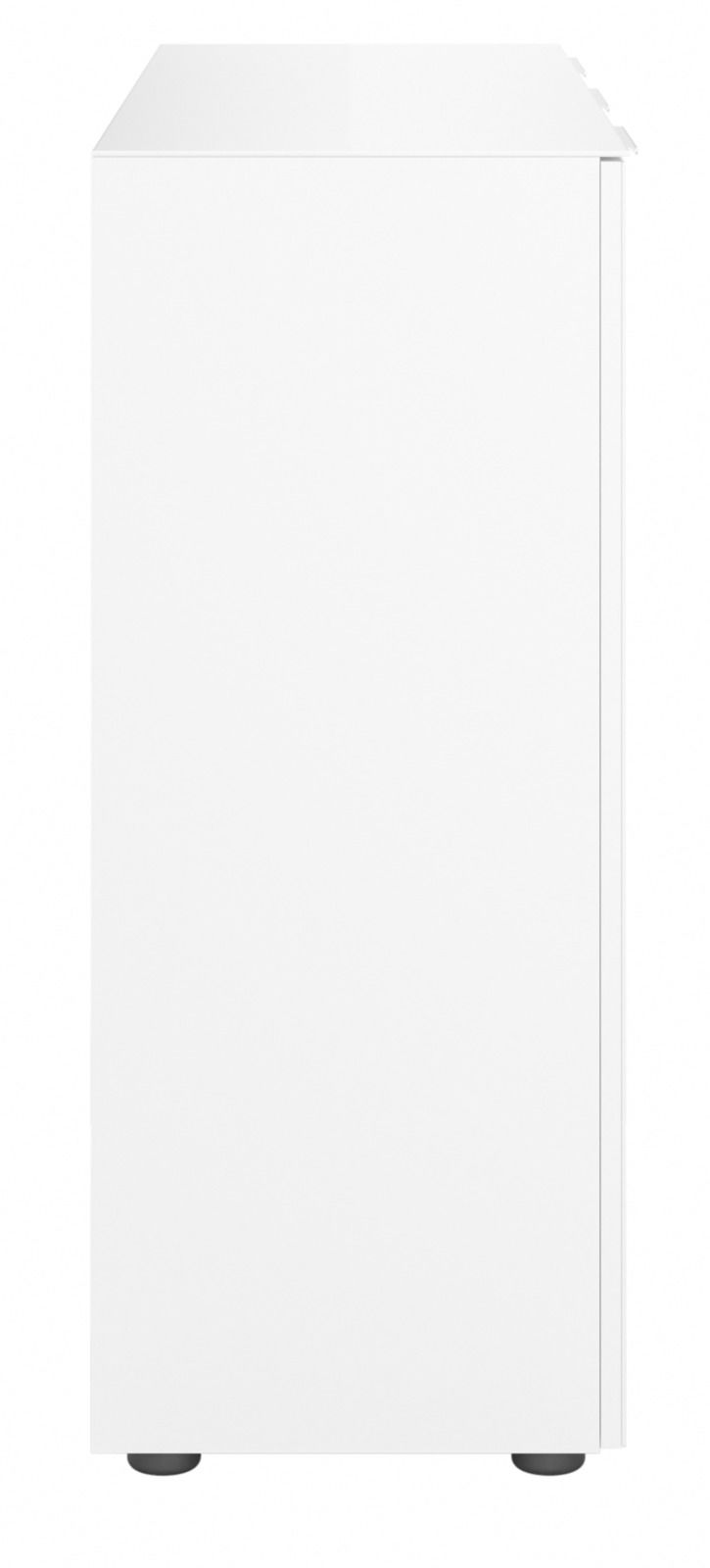 Seitenansicht eines weißen Sideboards mit schlichtem Design und schwarzen Füßen.
