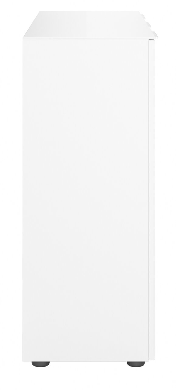 Seitenansicht eines weißen Sideboards mit schlichtem Design und schwarzen Füßen.