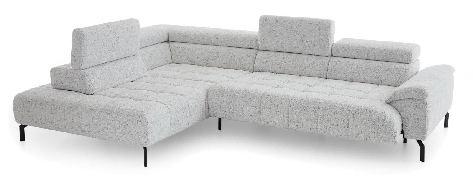 Graue Eckgarnitur mit verstellbaren Kopfstützen, moderne Optik, Perspektive von schräg oben