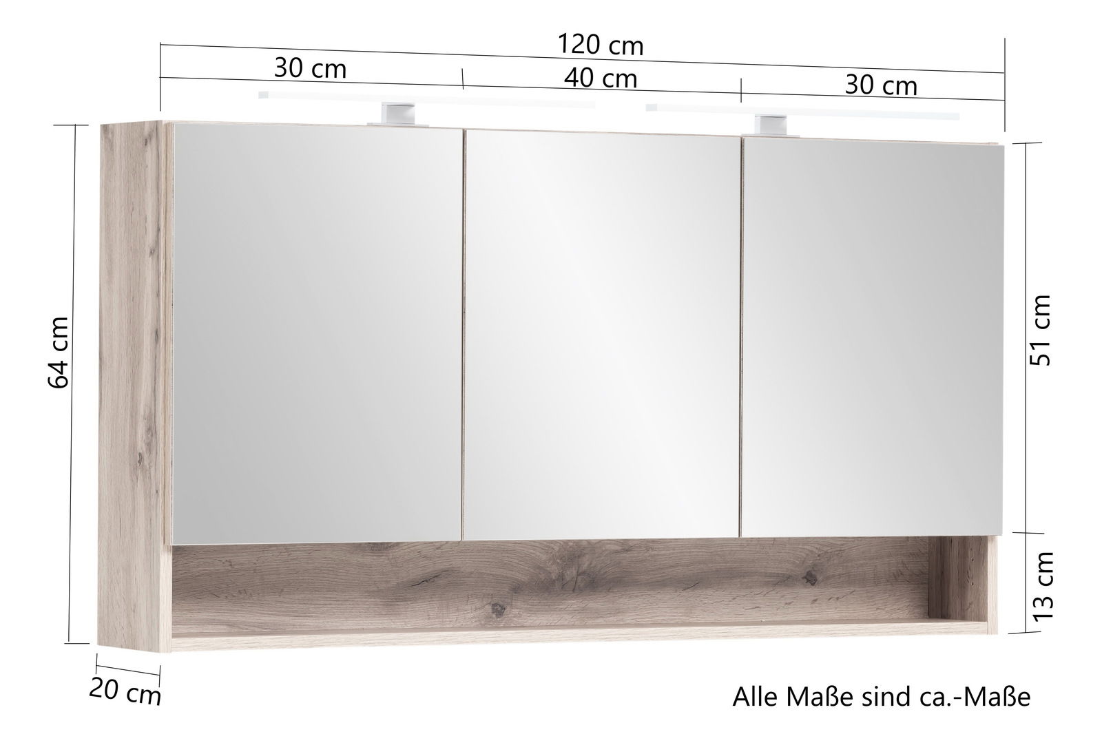 Spiegelschrank mit drei Türen, Holzoptik, Frontansicht, Maße: 120 cm Breite, 64 cm Höhe, 20 cm Tiefe
