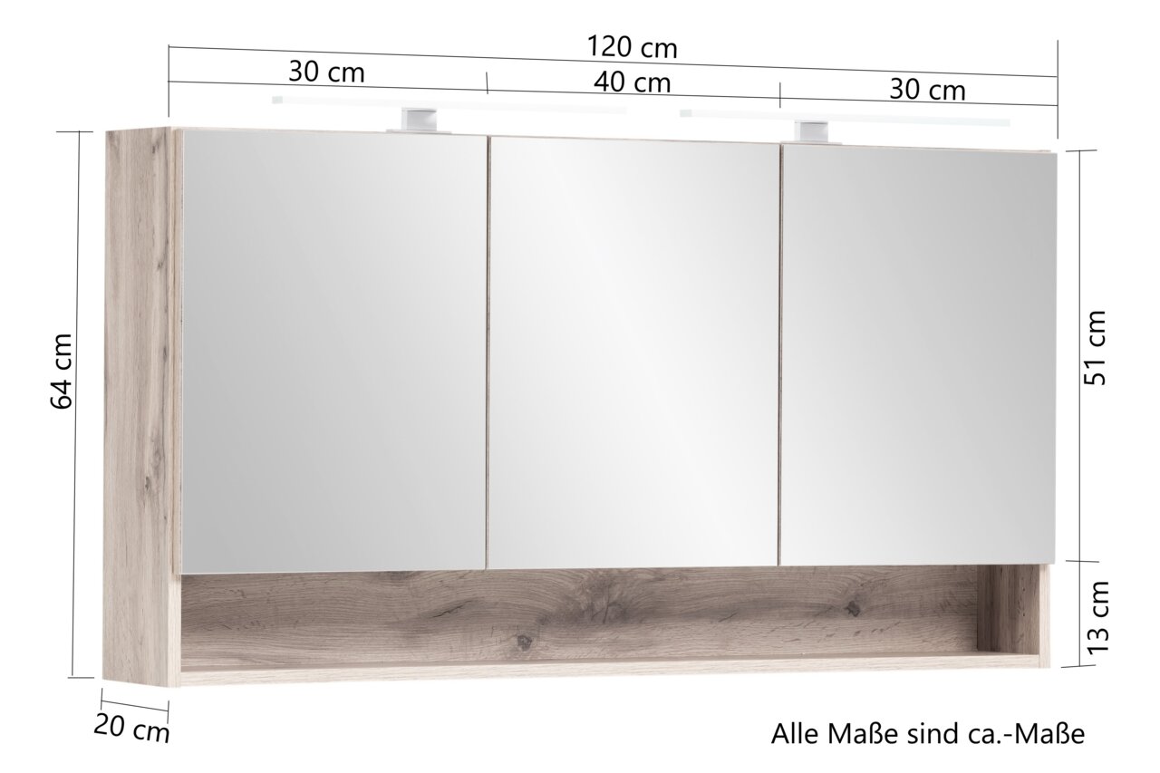 Spiegelkast met drie deuren, houtlook, vooraanzicht, afmetingen: 120 cm breed, 64 cm hoog, 20 cm diep