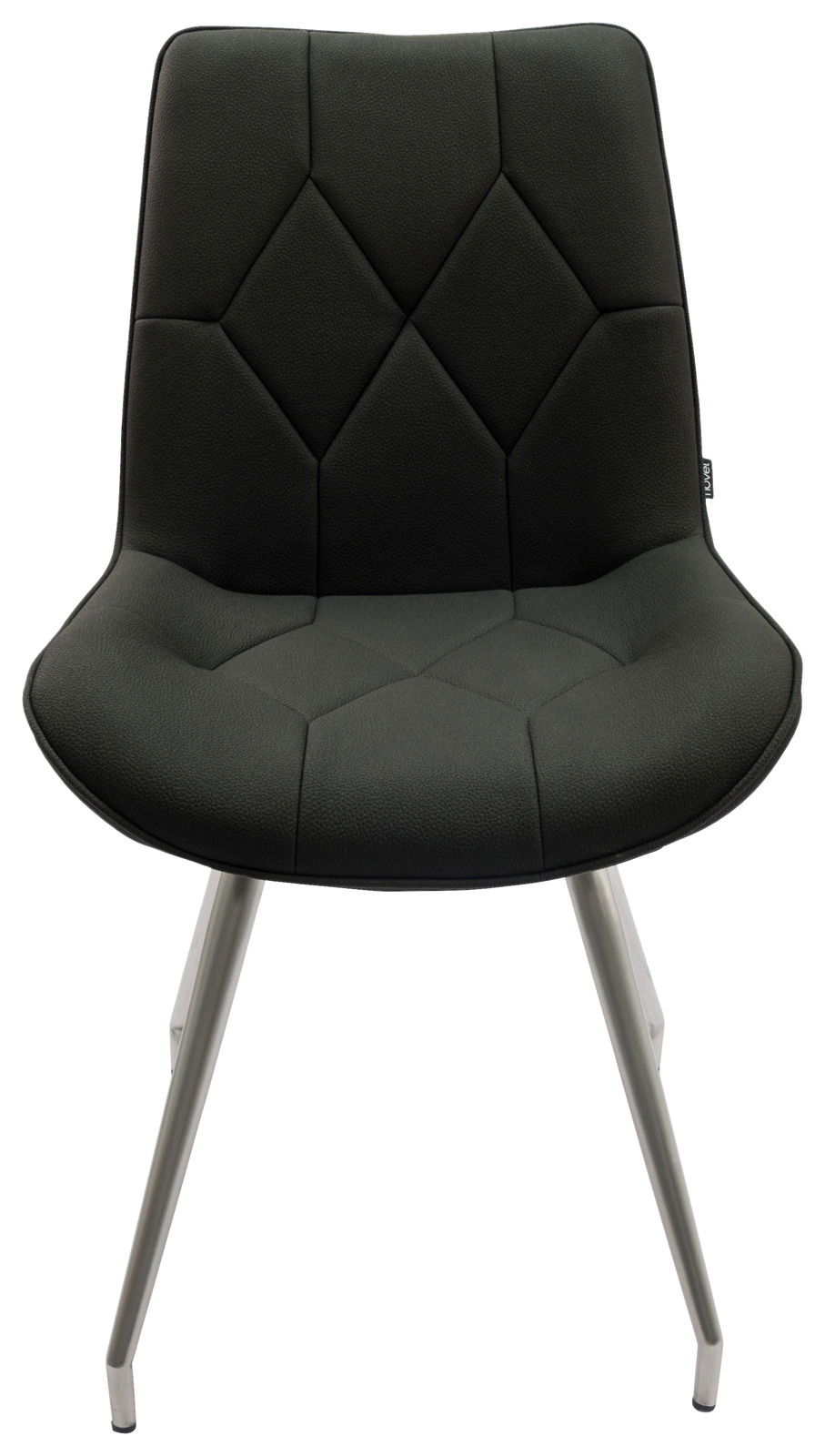 Moderner schwarzer Stuhl mit gepolsterter Sitzfläche und Metallbeinen, Frontalansicht