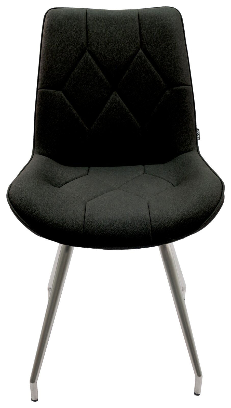 Moderner schwarzer Stuhl mit gepolsterter Sitzfläche und Metallbeinen, Frontalansicht