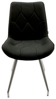 Moderner schwarzer Stuhl mit gepolsterter Sitzfläche und Metallbeinen, Frontalansicht