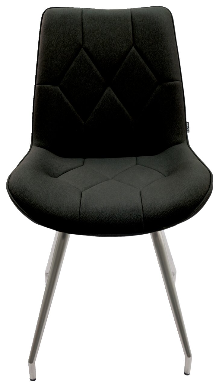 Moderner schwarzer Stuhl mit gepolsterter Sitzfläche und Metallbeinen, Frontalansicht