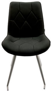 Moderner schwarzer Stuhl mit gepolsterter Sitzfläche und Metallbeinen, Frontalansicht
