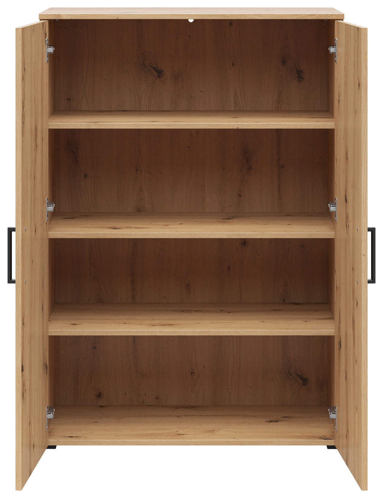 Geöffnete Kommode aus Holz mit drei Regalböden, frontale Ansicht