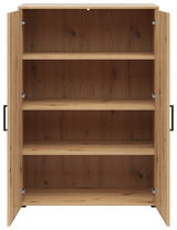 Geöffnete Kommode aus Holz mit drei Regalböden, frontale Ansicht