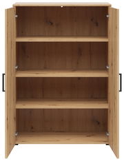 Geöffnete Kommode aus Holz mit drei Regalböden, frontale Ansicht