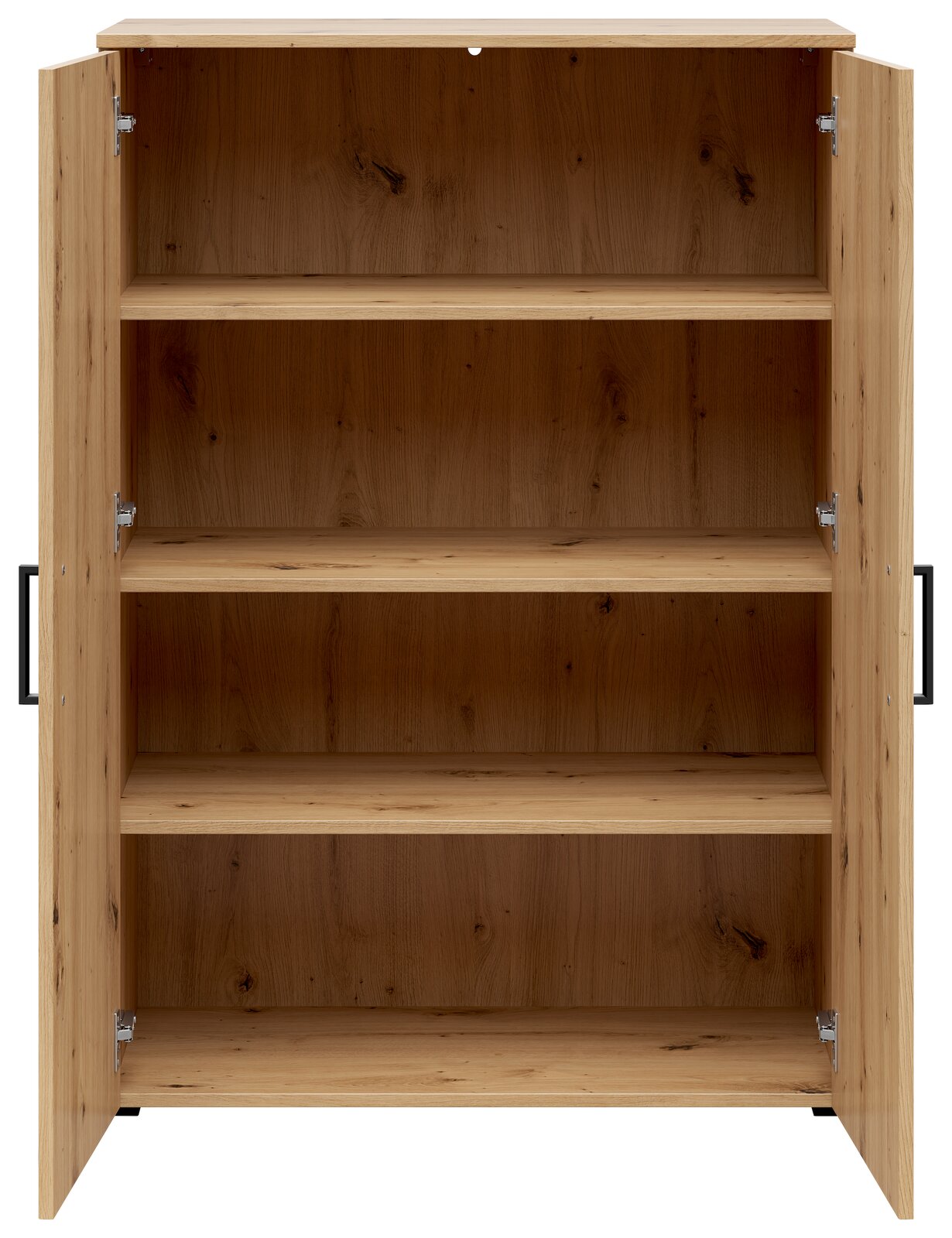 Geöffnete Kommode aus Holz mit drei Regalböden, frontale Ansicht