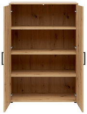 Geöffnete Kommode aus Holz mit drei Regalböden, frontale Ansicht