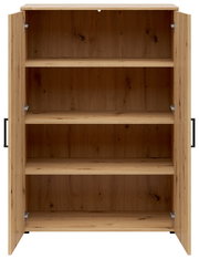 Geöffnete Kommode aus Holz mit drei Regalböden, frontale Ansicht