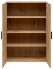 Geöffnete Kommode aus Holz mit drei Regalböden, frontale Ansicht