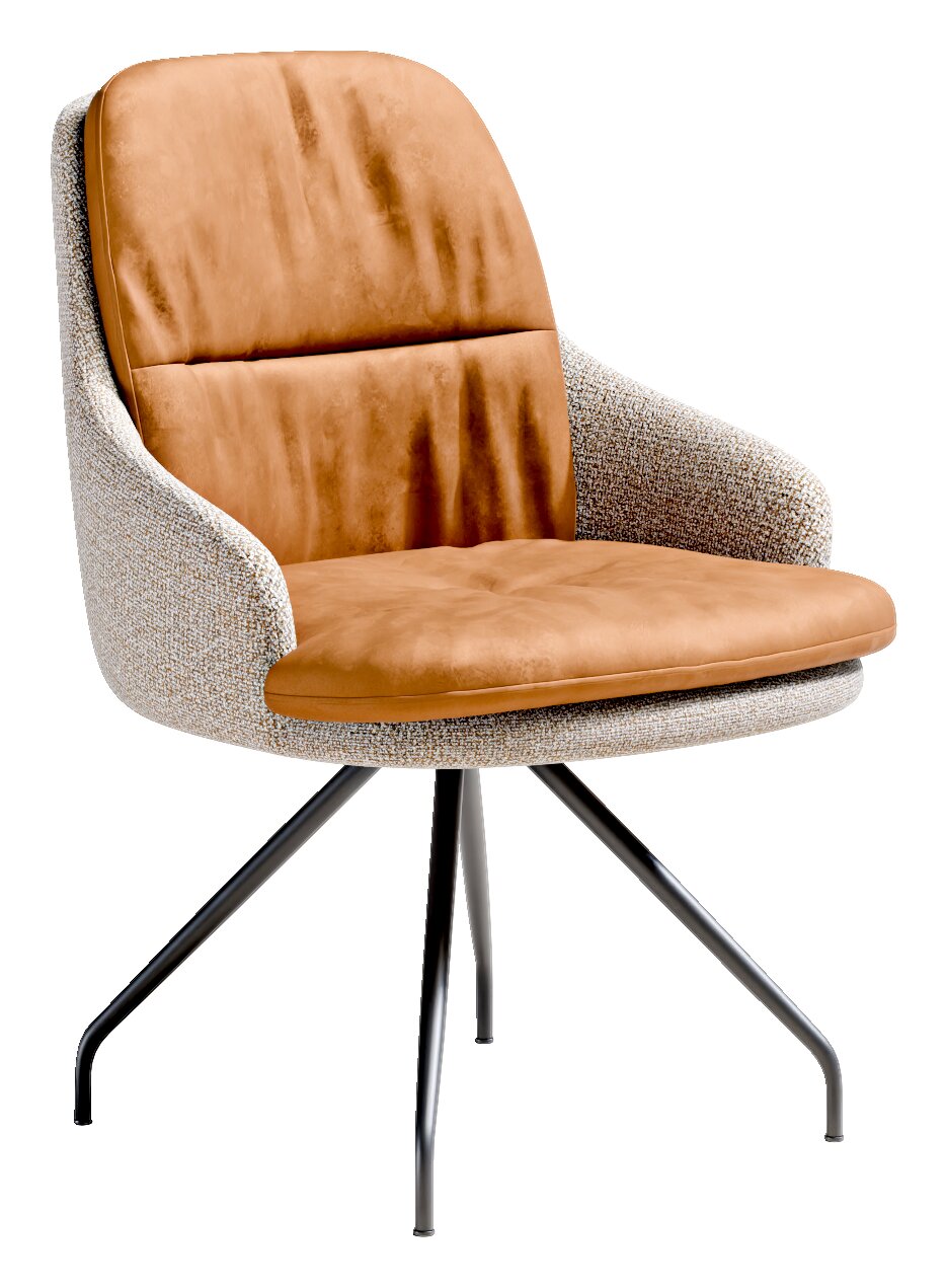 Dieter Knoll Fauteuil VERBRANDEN Moderne gestoffeerde stoel met een lichtgrijze gemêleerde stoffen bekleding, cognackleurige lederen zit- en rugkussens en een zwart metalen draaivoet, vrijstaand op een witte achtergrond, in schuin vooraanzicht
