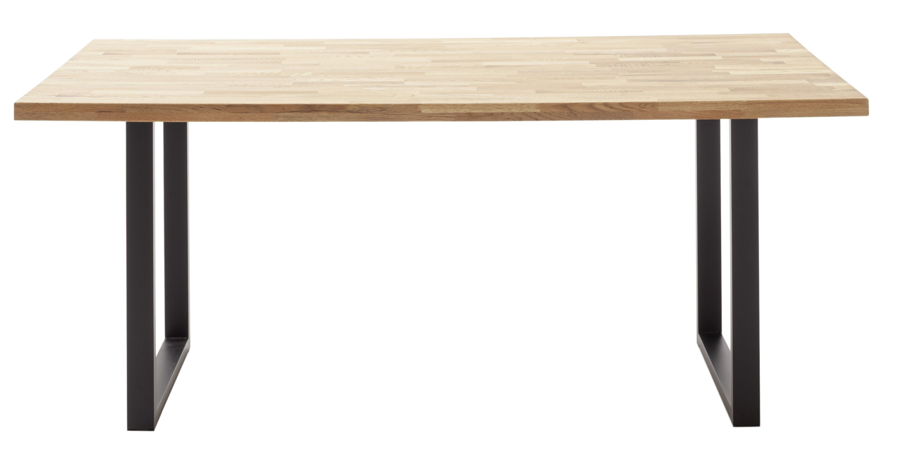 Moderner Esstisch mit Holzplatte und schwarzen Metallbeinen, Frontalansicht