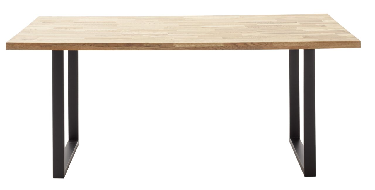 Moderner Esstisch mit Holzplatte und schwarzen Metallbeinen, Frontalansicht
