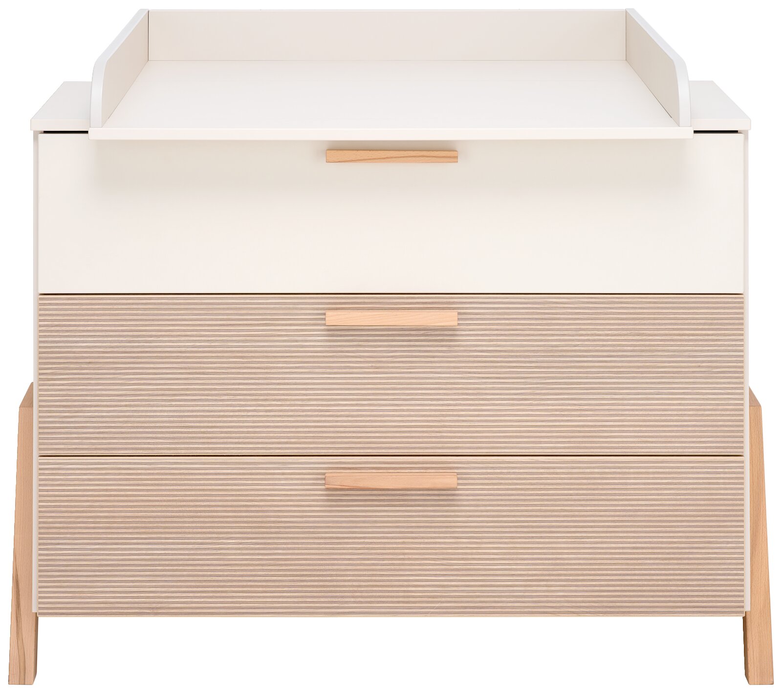 Commode met drie lades in houtlook, gezien vanaf de voorkant