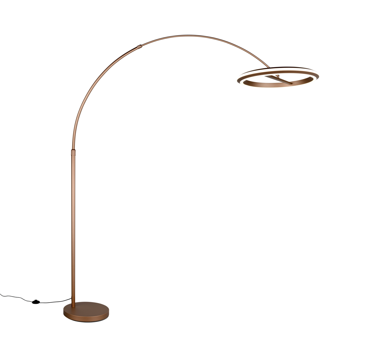 Moderne LED-Bogenleuchte in Bronze mit rundem Sockel und gebogenem Arm, seitliche Perspektive