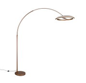 Moderne LED-Bogenleuchte in Bronze mit rundem Sockel und gebogenem Arm, seitliche Perspektive