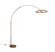 Moderne LED-Bogenleuchte in Bronze mit rundem Sockel und gebogenem Arm, seitliche Perspektive