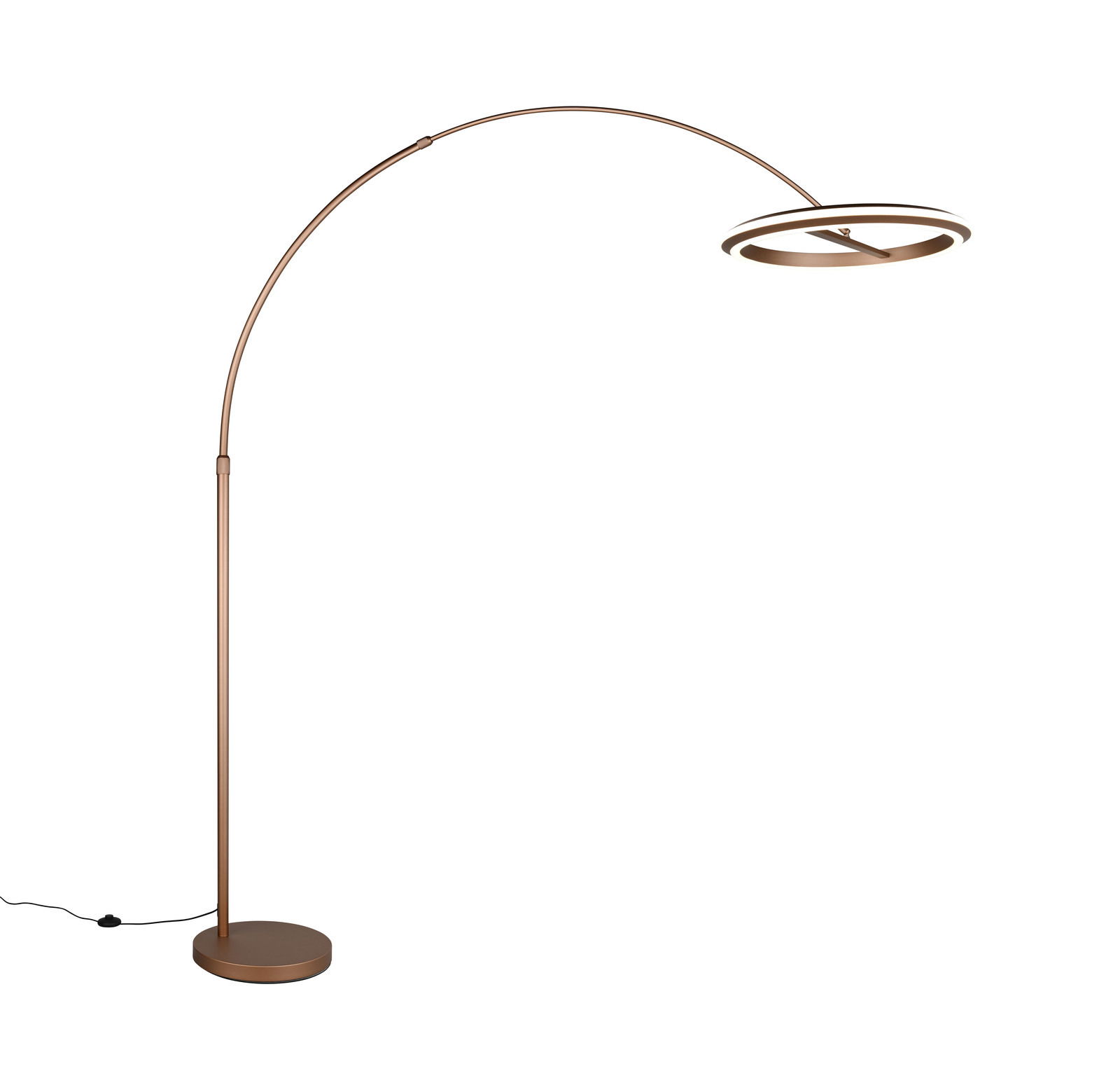 Moderne LED-Bogenleuchte in Bronze mit rundem Sockel und gebogenem Arm, seitliche Perspektive