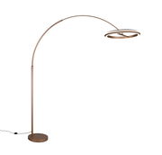 Moderne LED-Bogenleuchte in Bronze mit rundem Sockel und gebogenem Arm, seitliche Perspektive