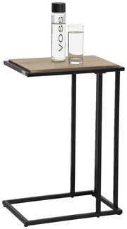Moderner Beistelltisch mit schwarzem Metallgestell und Holzplatte, seitliche Perspektive, mit Wasserflasche und Glas darauf.