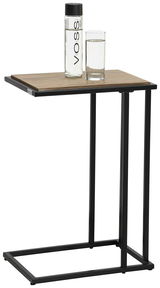 Moderner Beistelltisch mit schwarzem Metallgestell und Holzplatte, seitliche Perspektive, mit Wasserflasche und Glas darauf.